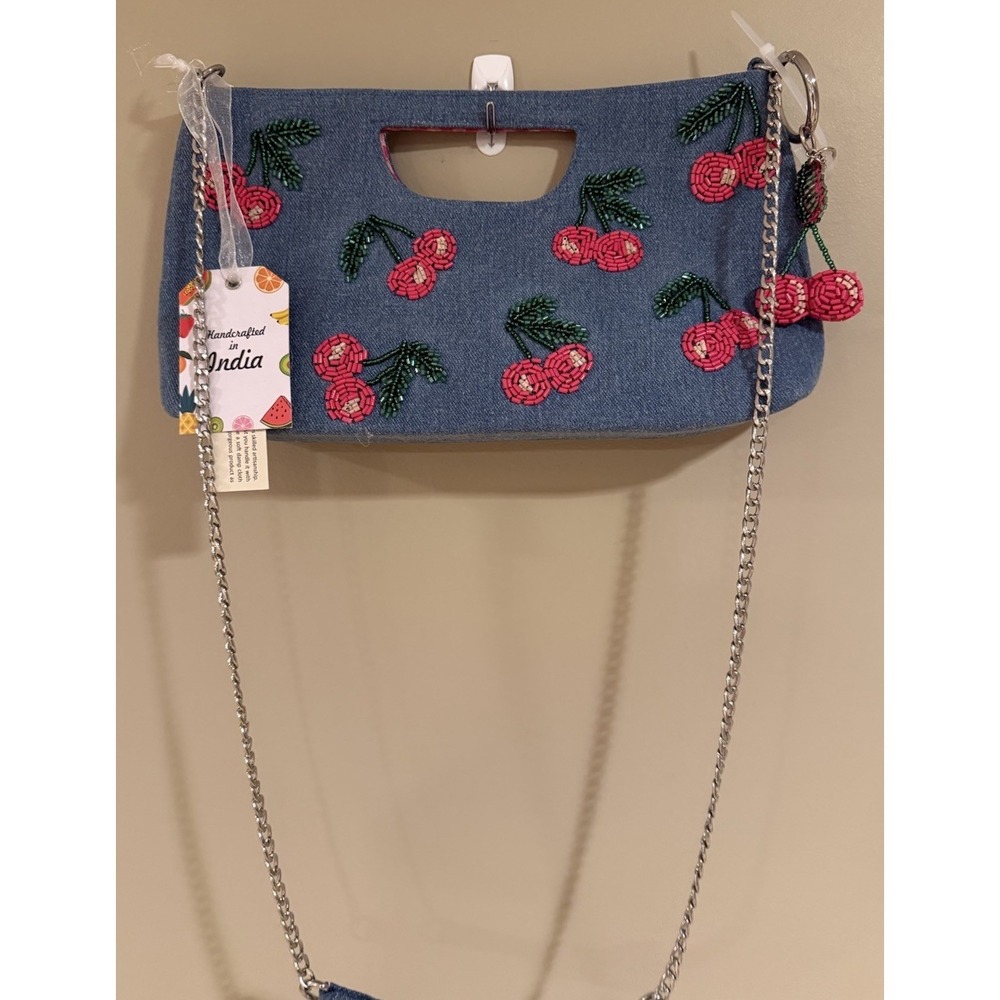 Newly Released Viral Cherry Beaded Denim Bag Handcrafted In India NWT